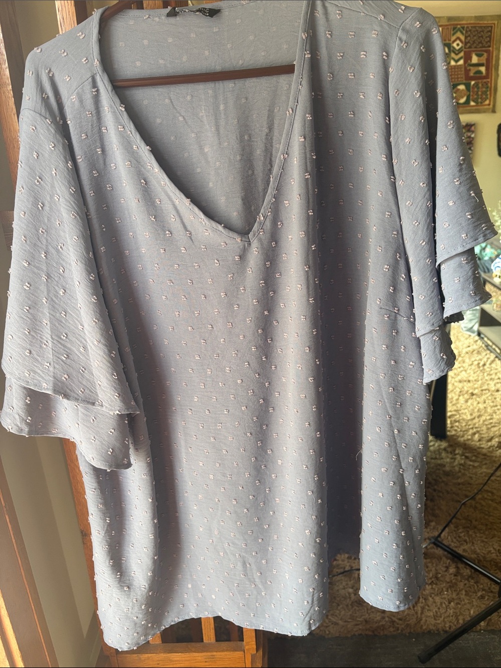 BloomChic Light Blue V-Neck Dot-Textured Flutter Sleeve Top